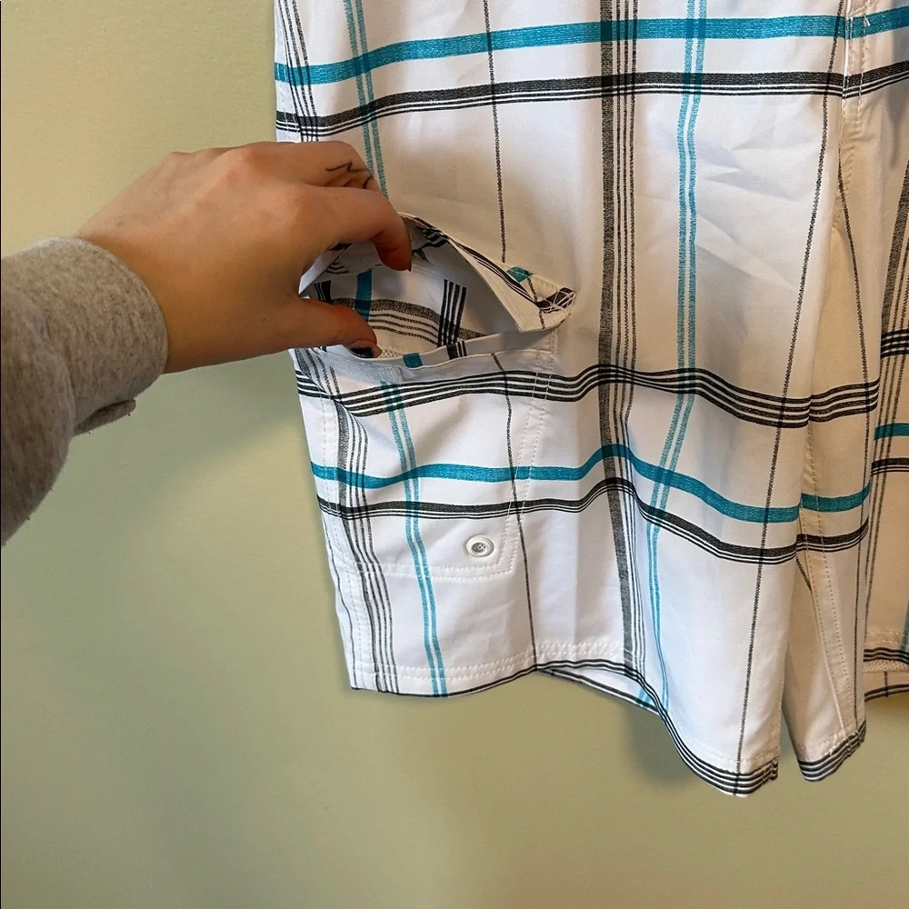 Mossimo Supply Co White Plaid Swim Shorts with Teal & Black Stripes-Size 34